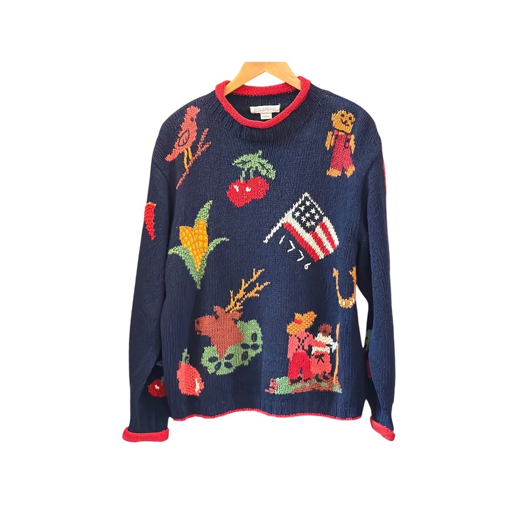 Vintage Heirlooms Sweater Americana Folk Art Cottagecore Grandmacore Handknit